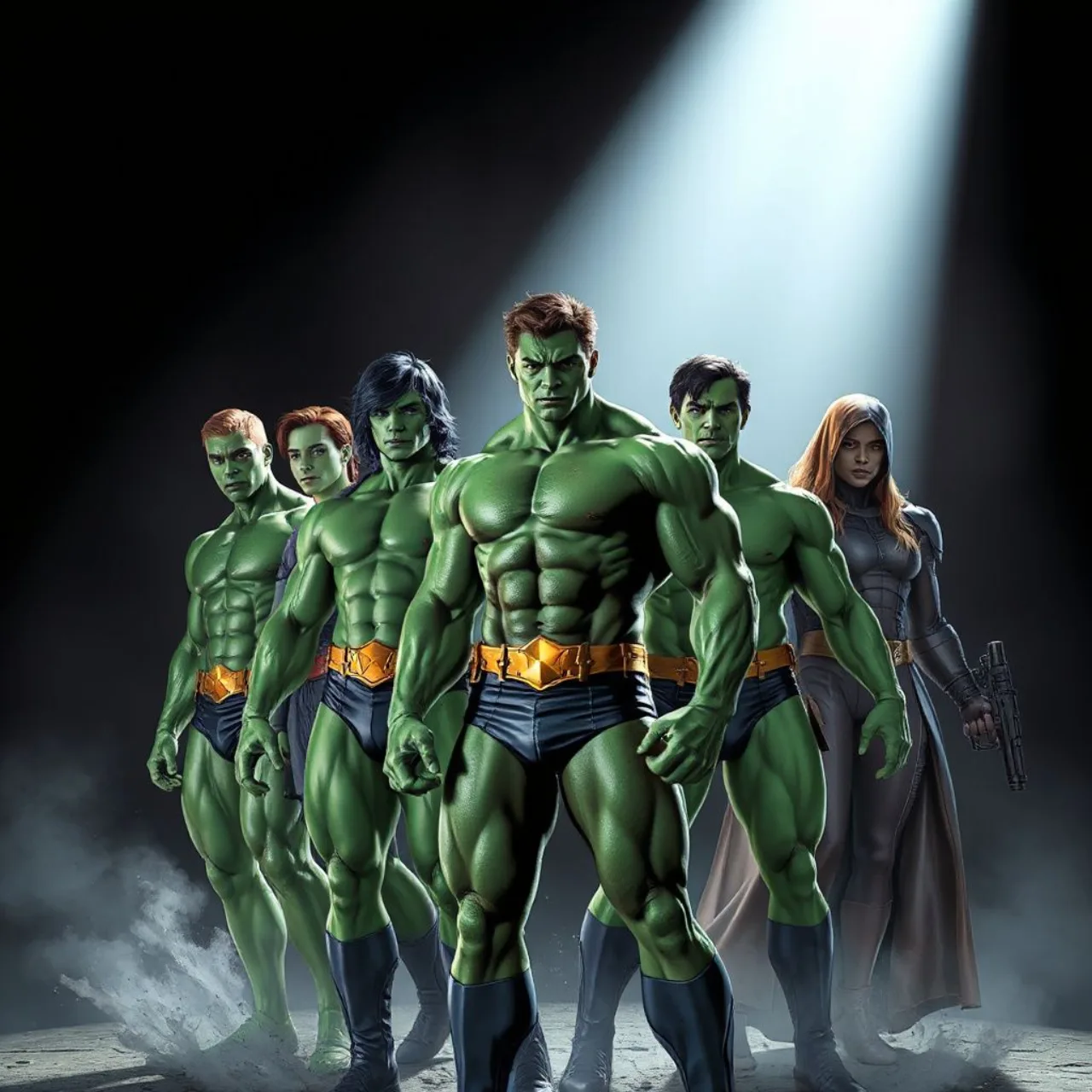Hulk, She‑Hulk, Abomination e Red Hulk em pose heroica, sobre fundo com o logotipo da Marvel