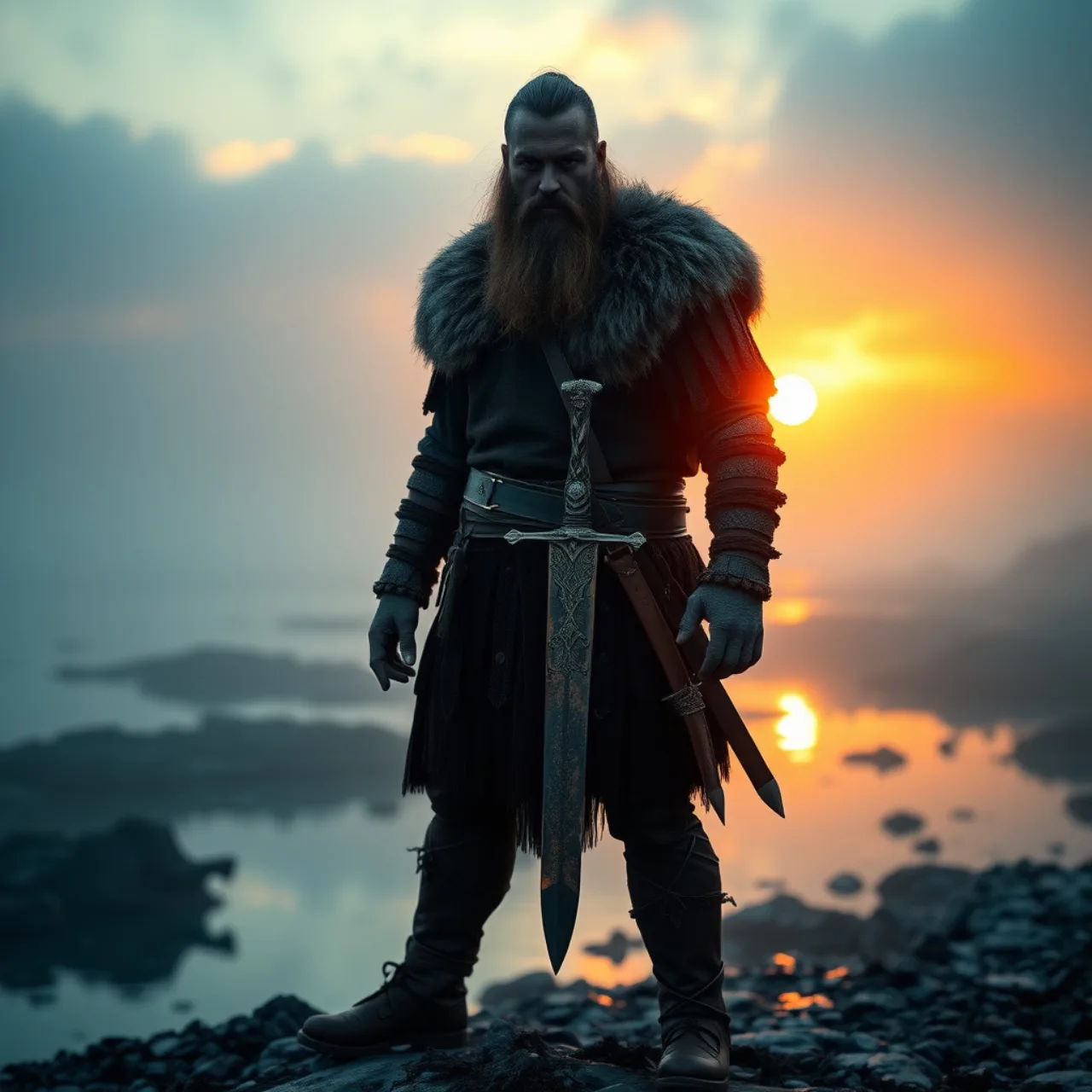 Homem musculoso vestindo elmo viking, segurando um controle de videogame, ao lado de um laptop aberto