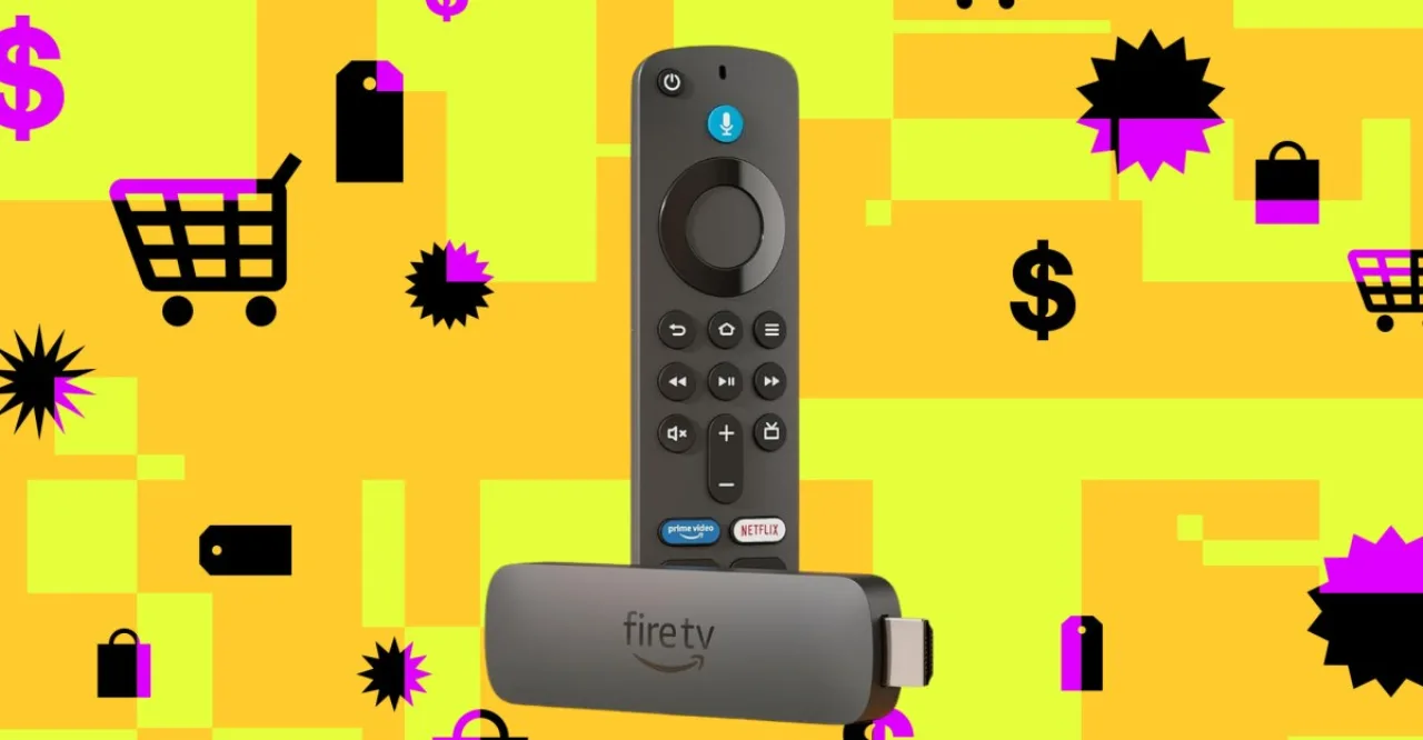 Fire TV Stick 4K da Amazon ao lado do controle remoto, conectado a uma TV exibindo imagem em 4K com o logo da Amazon