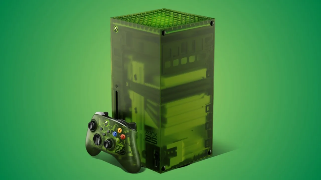 Jovem fazendo agachamento com halteres ao lado de um Xbox Series X25 em modo destaque na TV