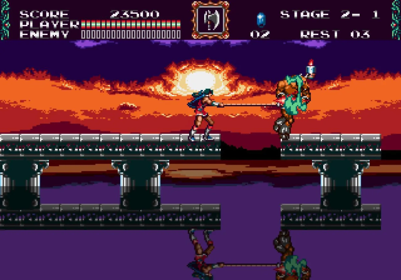 Jovem em roupa de academia, segurando smartphone com ícone de Castlevania, ao lado de halteres e garrafa d'água