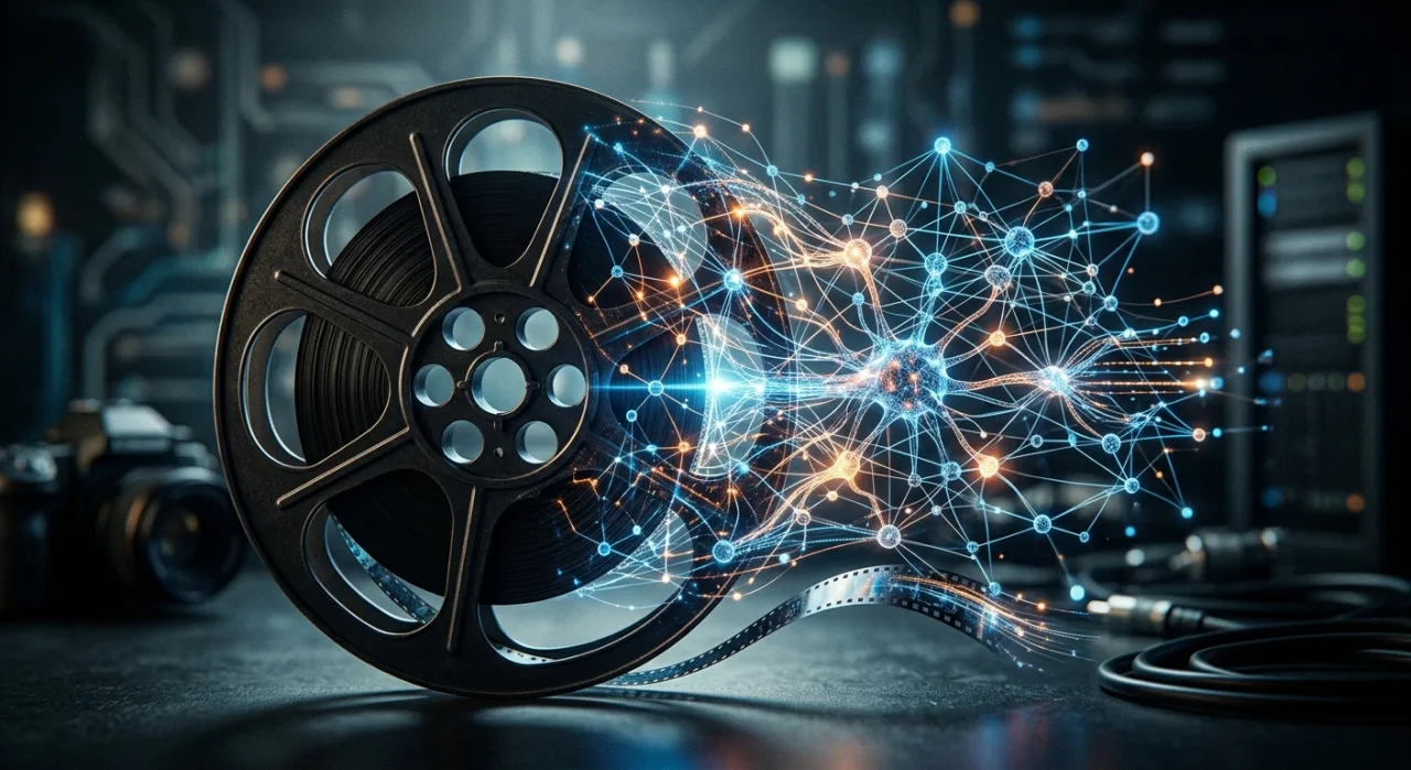 Pessoa correndo na esteira enquanto projeta cenas de cinema e ícones de IA em hologramas ao redor