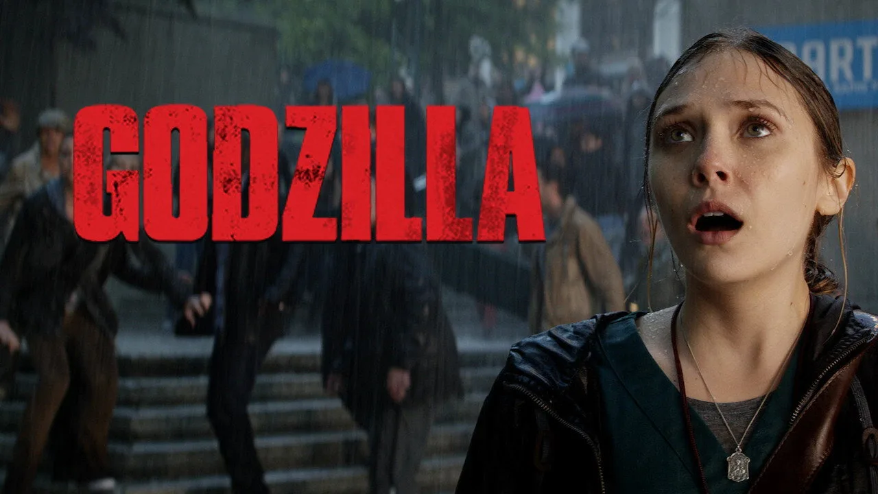 Atleta correndo na esteira enquanto projeta o trailer de Godzilla na tela, ao lado de garrafa d'água e halteres