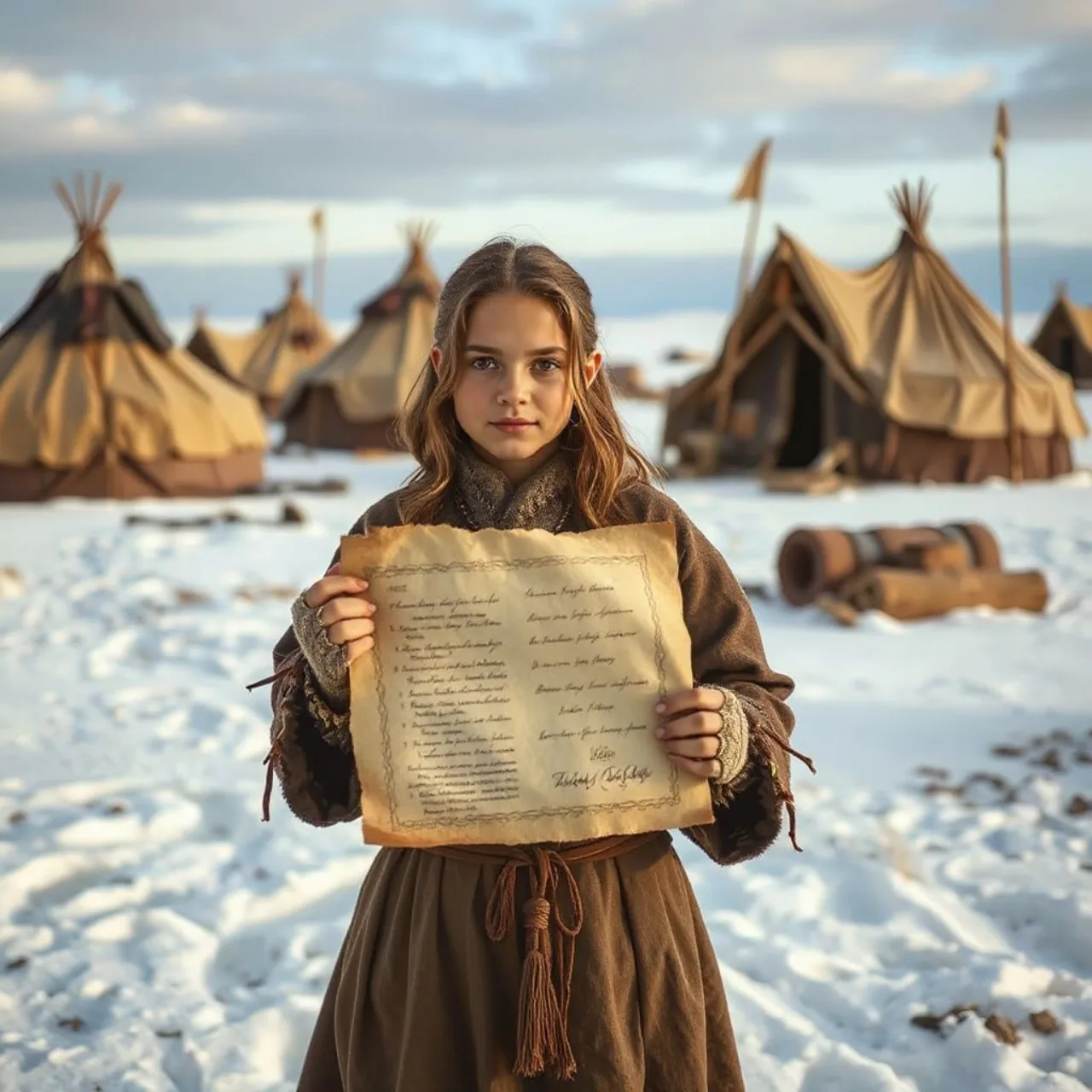 A jovem bruxa de Jaadugar, vestida com roupas mongóis, sobre um céu de estepes, ao lado do logo da série