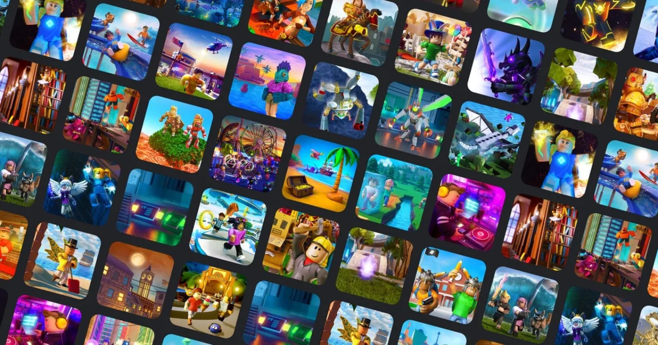 Tela exibe logo Roblox, gráfico de usuários em queda e interface de IA generativa