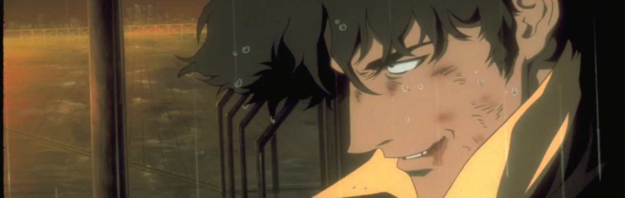 Jovem em roupa de ginástica faz agachamento segurando um controle remoto, ao fundo pôster em 4K de Cowboy Bebop