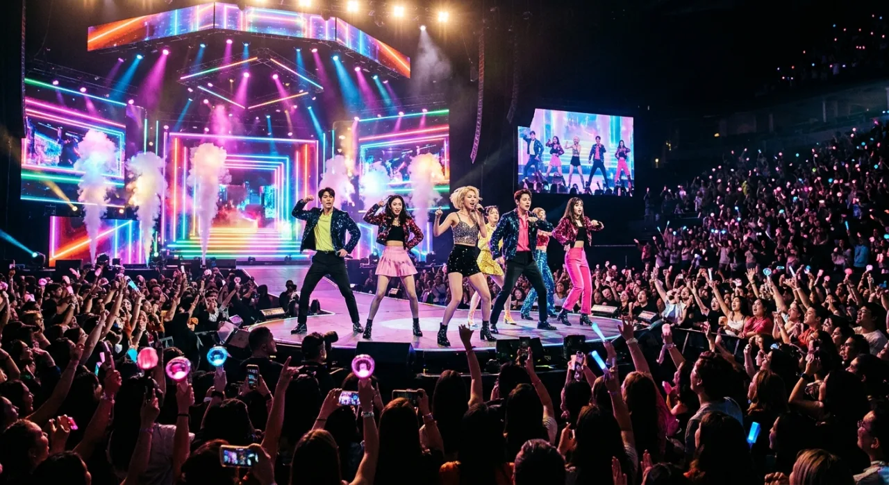 A2O LITE no palco iluminado, segurando troféu enquanto o logo do SHOW K-POP brilha ao fundo
