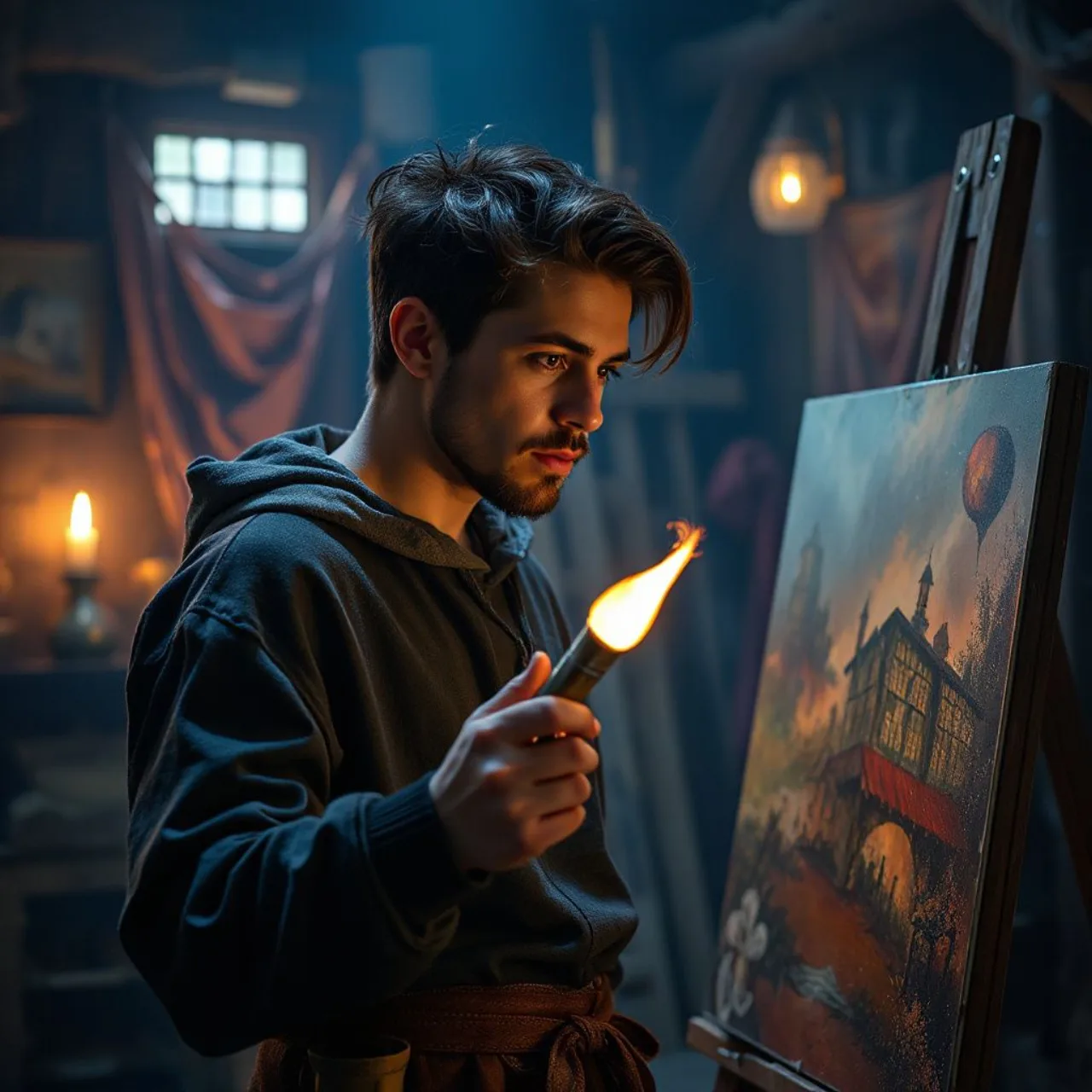 Yun Hwa, vestida de aprendiz, ao lado do pintor espiritual Seol Jin, em meio a pincéis luminosos e o logo da série