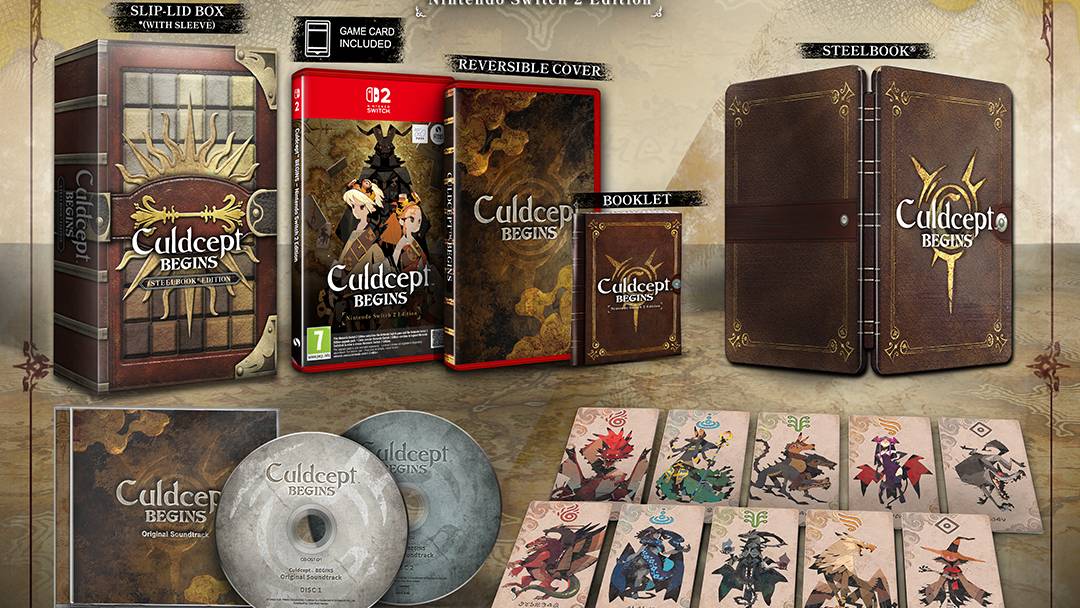 Dois caixas físicas de Culdcept BEGINS ao lado de um Nintendo Switch 2, com o logo colorido do jogo em destaque