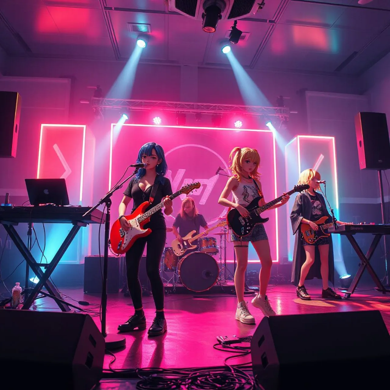 Avatares da Mugendai MewType, banda VTuber de BanG Dream!, cantam ao microfone sob luzes neon e logo de Ado