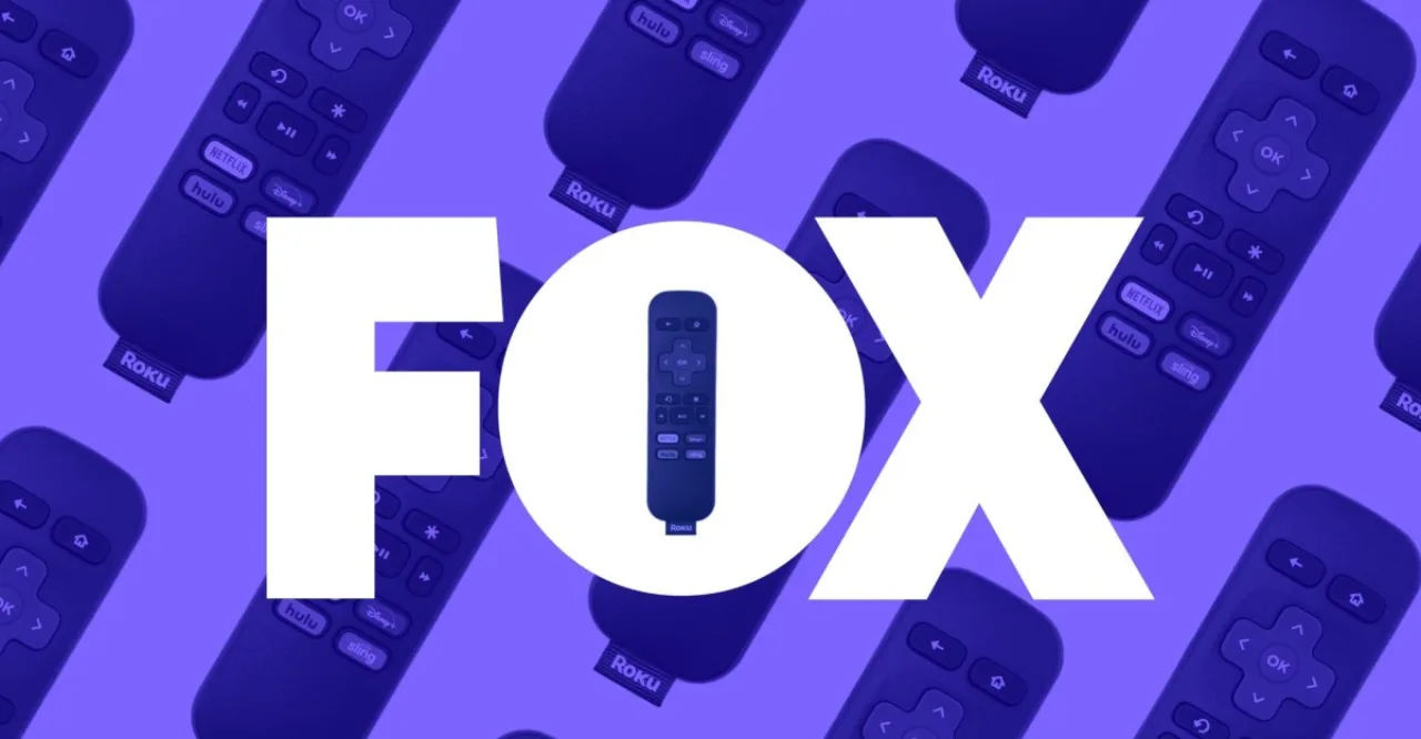 Smart TV moderna exibindo a interface da Roku com ícones de apps e o logo da Fox ao fundo