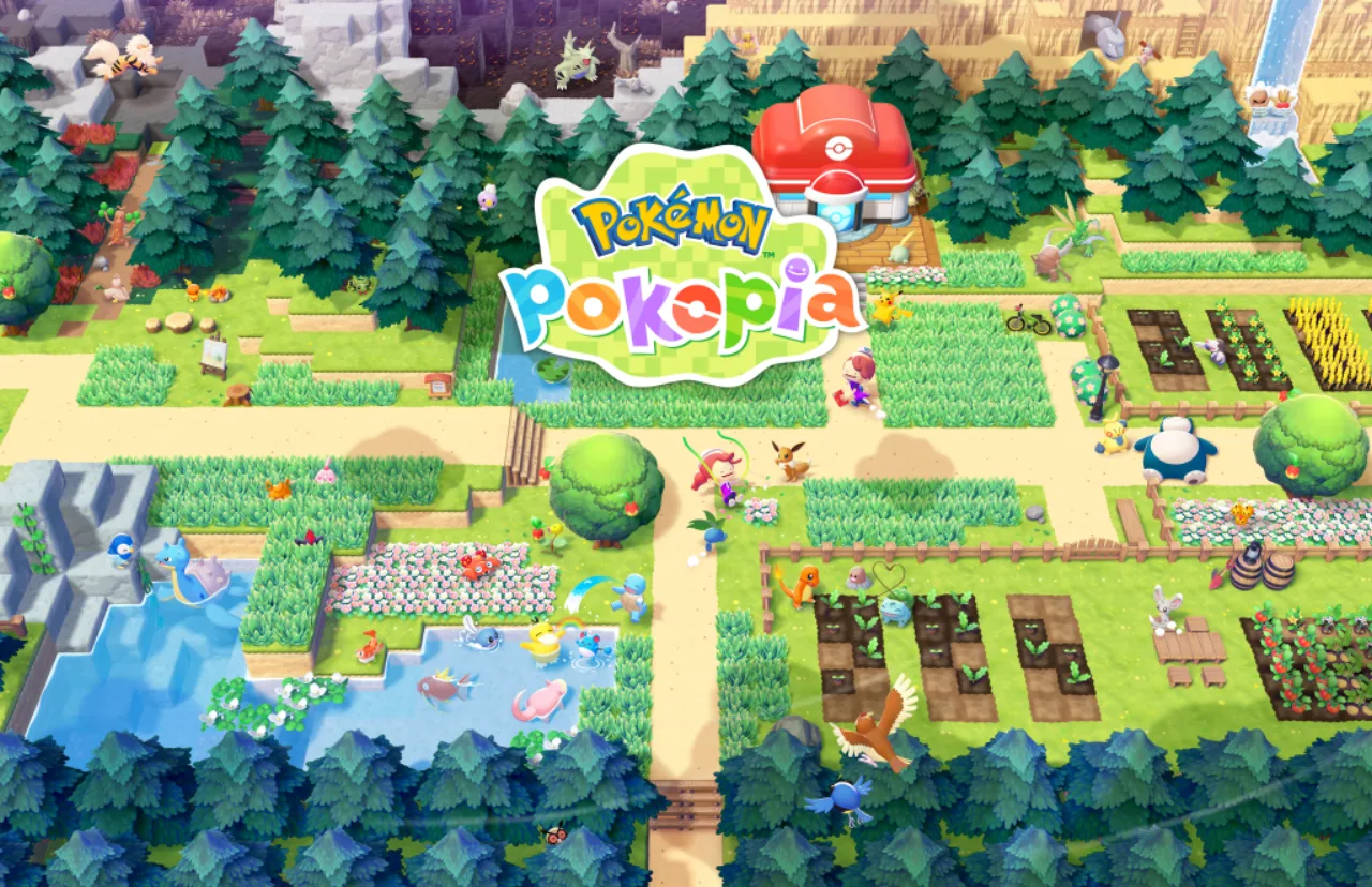 Jovem em roupa esportiva joga Pokémon Pokopia no console enquanto faz agachamento com halteres ao lado