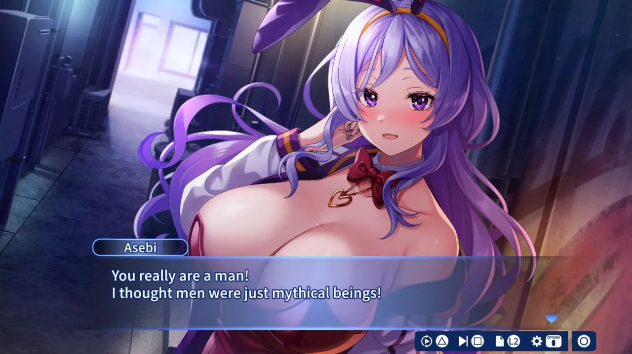 Logo de Blue Bite ao lado de um homem estilizado em traje futurista, cercado por hologramas de mulheres e o ícone do Steam