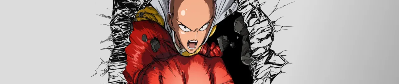 Saitama realizando flexões intensas em um ambiente de treino minimalista com halteres e cronômetro ao lado