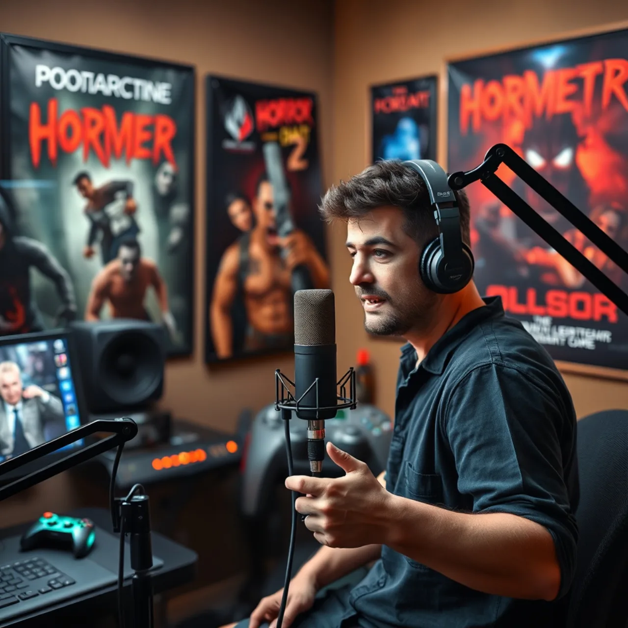 Um atleta vestindo camiseta de Resident Evil, segurando halteres enquanto olha para um monitor exibindo a frase viral