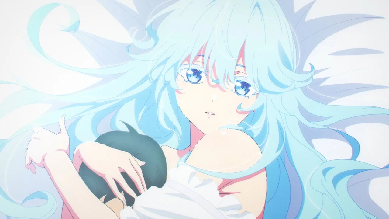 Jovem vestindo camiseta de anime faz agachamento com halteres ao lado de pôster da série