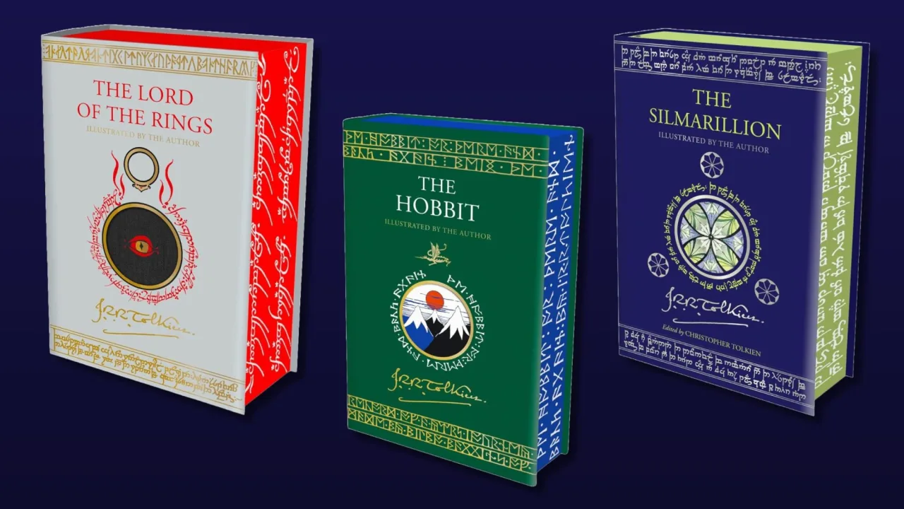 Capas ilustradas de Tolkien empilhadas ao lado de um selo de até 60% de desconto da Amazon