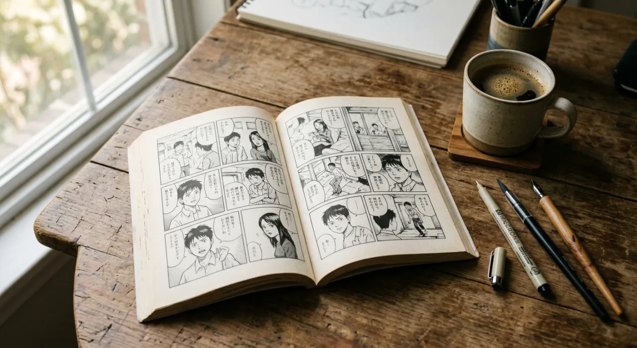 Jovem lendo um mangá de romance enquanto mantém uma rotina de exercícios com halteres e uma garrafa de água ao lado