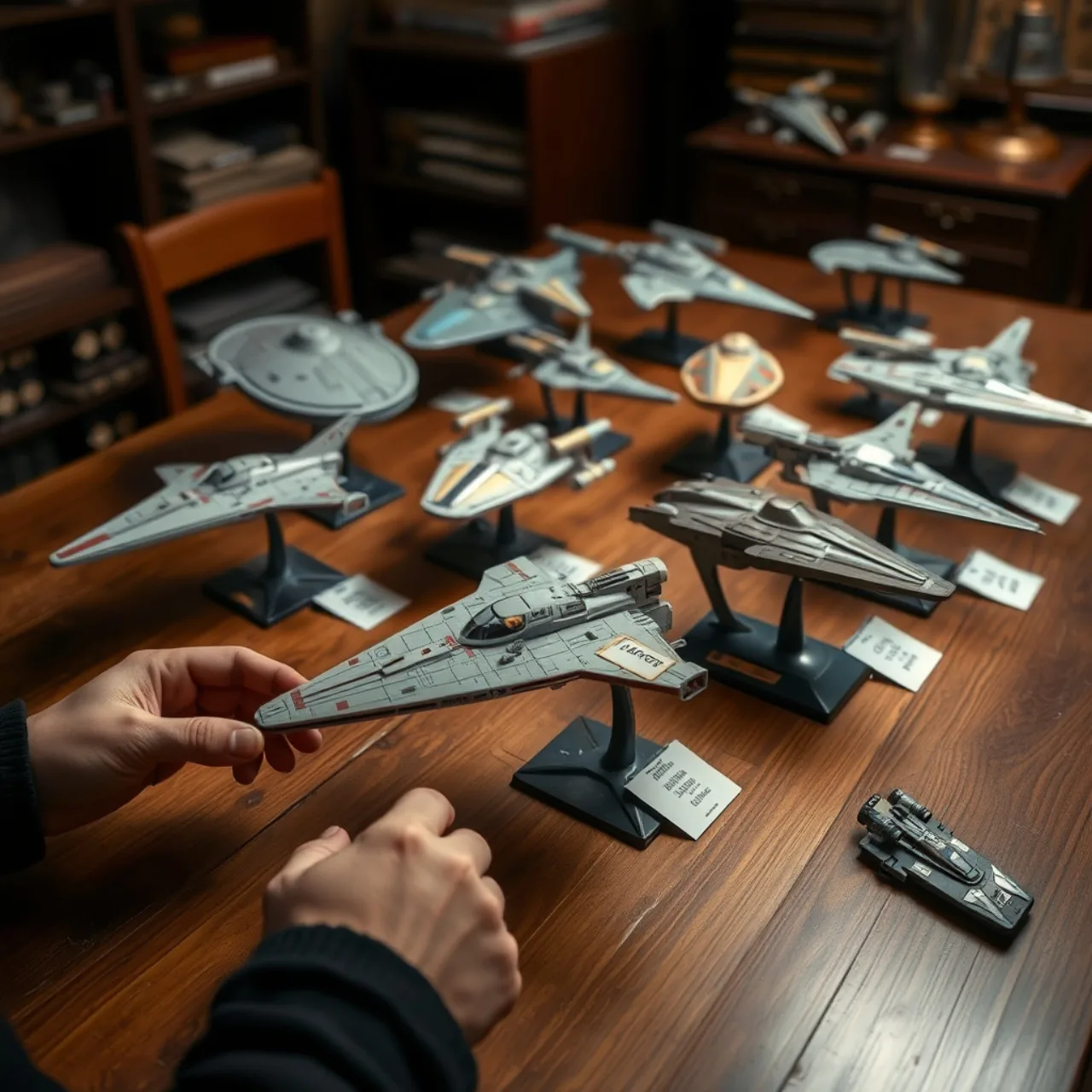 Coleção de miniaturas de naves Star Wars sobre um tapete de yoga, ao lado de halteres e uma garrafa de água