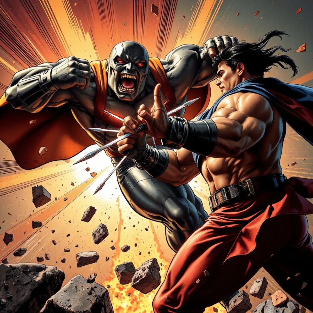 Hulk verde encurralado por Thor, Namor, Thing, Wolverine e Spider‑Man, cada um em pose heroica, ao fundo explosões de quadrinhos