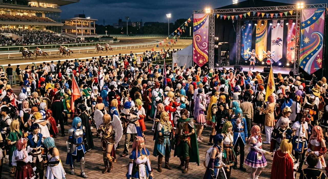 Cosplayers de Umamusume posam em frente ao letreiro do Santa Anita Park, com pista de corridas ao fundo
