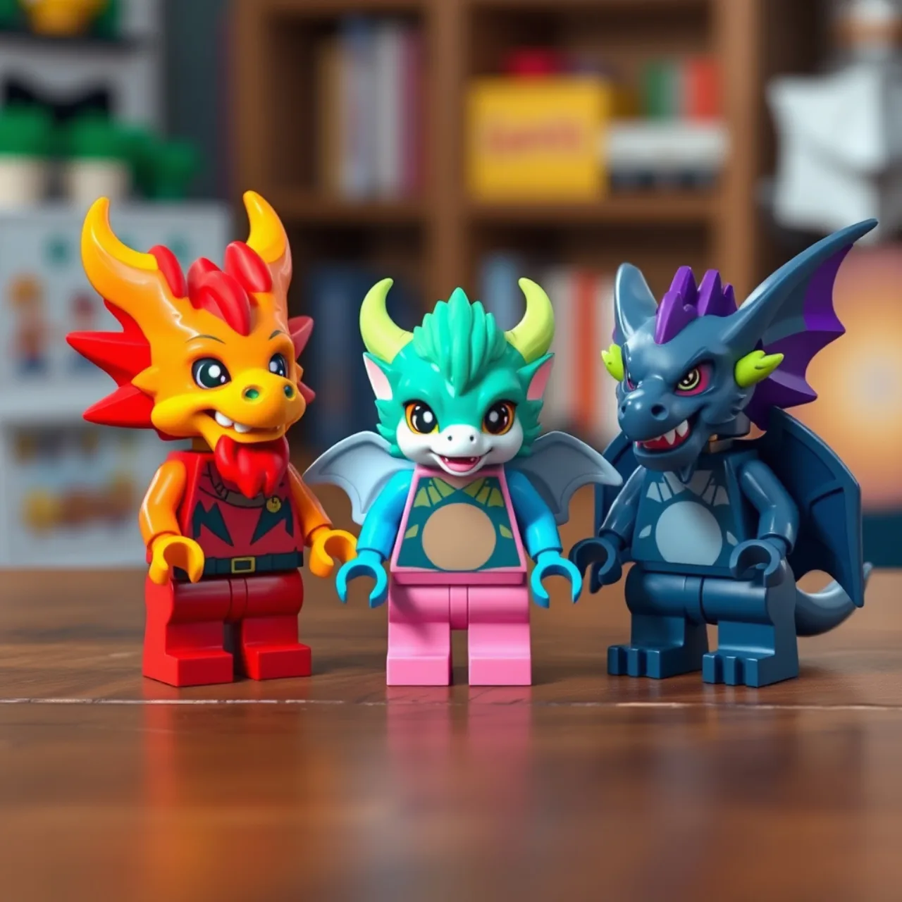 Um homem sorridente segurando um prato com frutas saudáveis ao lado de uma pilha de blocos Lego Pokémon