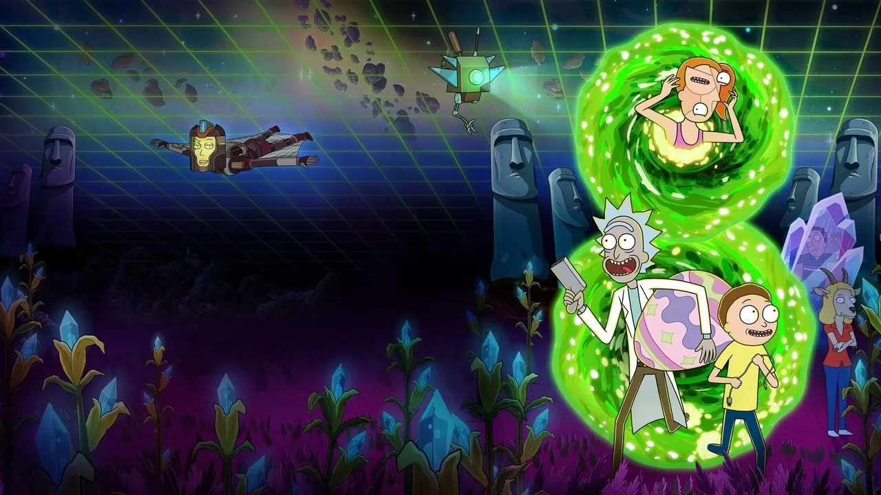 Rick Sanchez segurando um shake proteico enquanto faz flexões ao lado de halteres futuristas em um laboratório