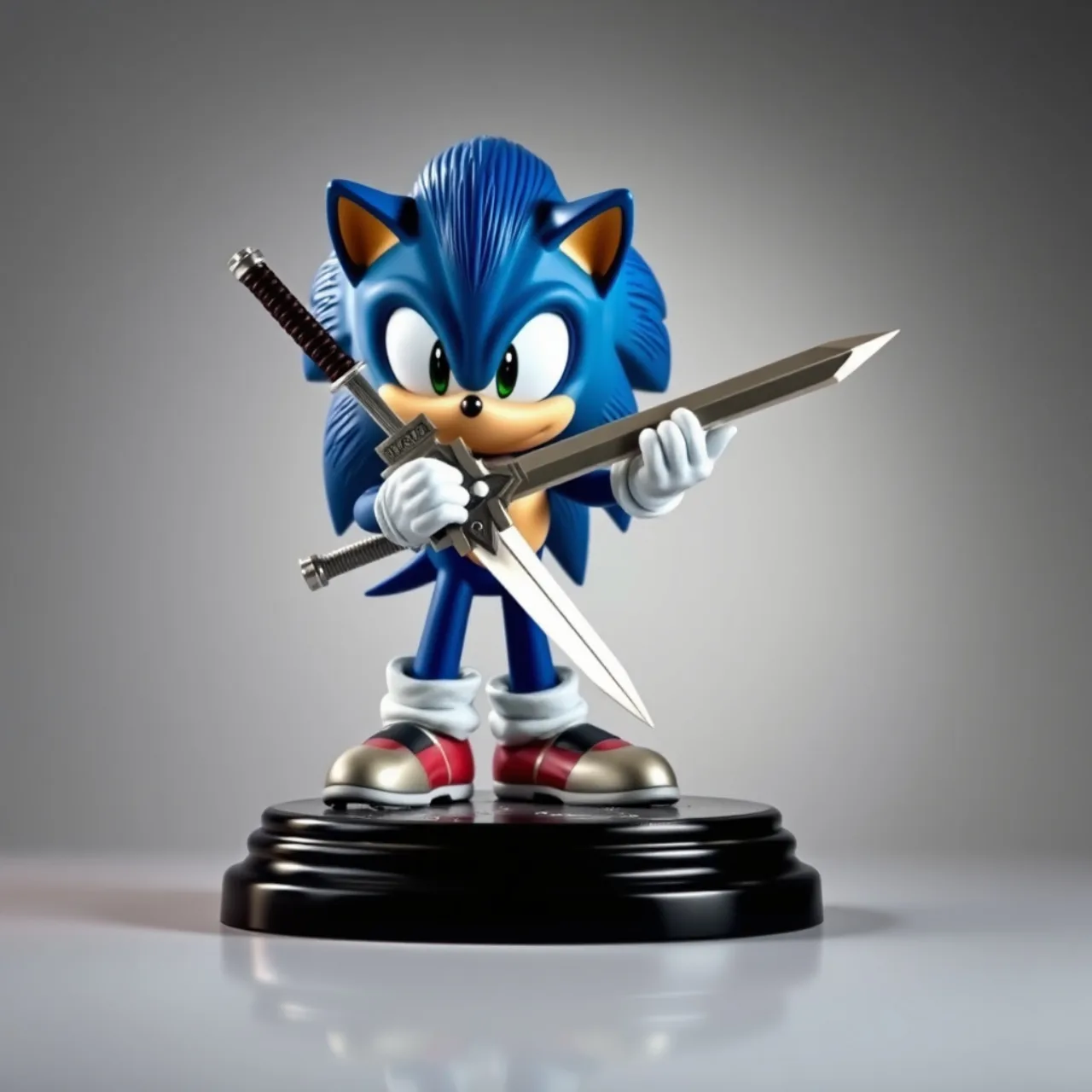 Sonic em pose dinâmica, segurando um anel dourado, com detalhes de pelagem e iluminação que realçam suas escamas metálicas