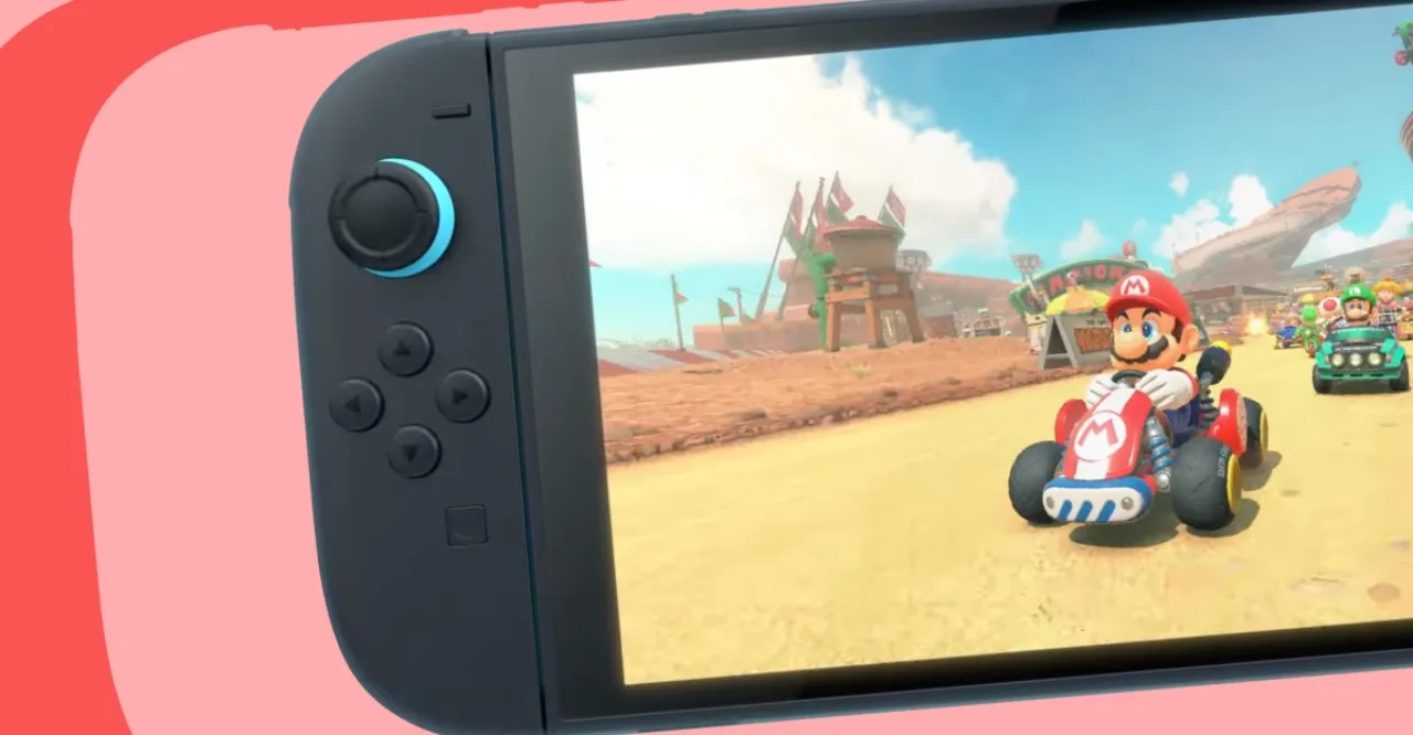 Pessoa usando Nintendo Switch em pé, fazendo agachamento, com garrafa d'água e colchonete ao fundo