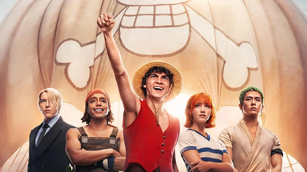 Atleta vestindo camiseta com logo da Netflix, segurando halteres e assistindo a um poster de One Piece