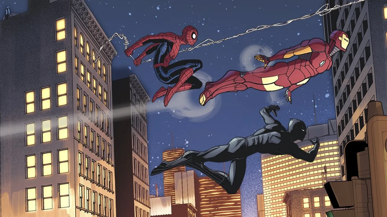 Miles Morales em posição de agachamento segurando uma caixa tecnológica brilhante em uma academia moderna