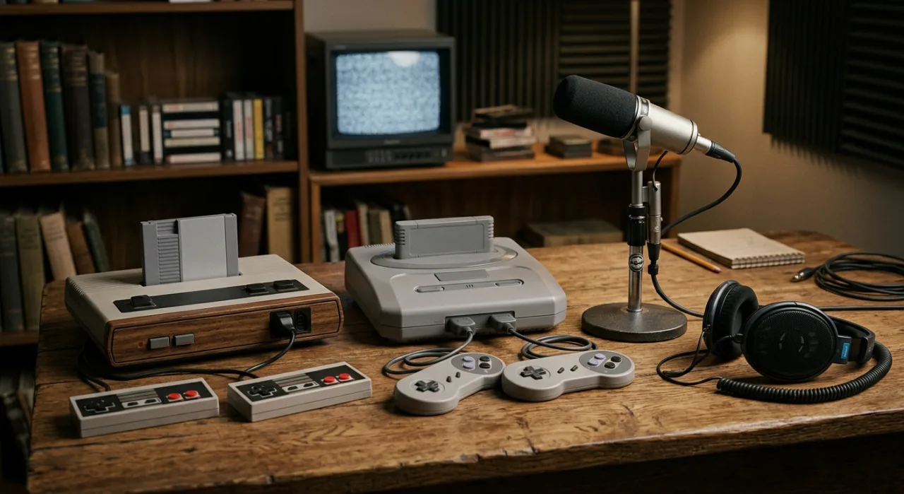 Um homem de óculos, vestindo camiseta vintage, faz agachamento ao lado de um microfone antigo e fones