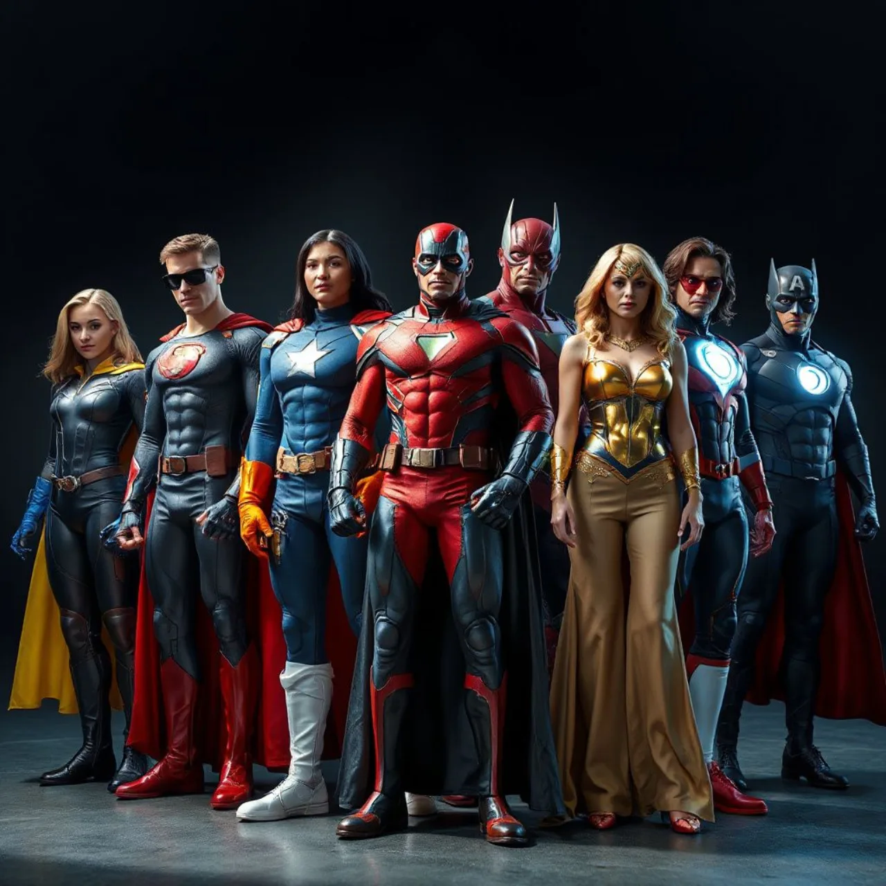 Personagens da Marvel como Korg, Okoye, M'Baku e outros, em pose heroica, com o logo vermelho da Marvel ao fundo