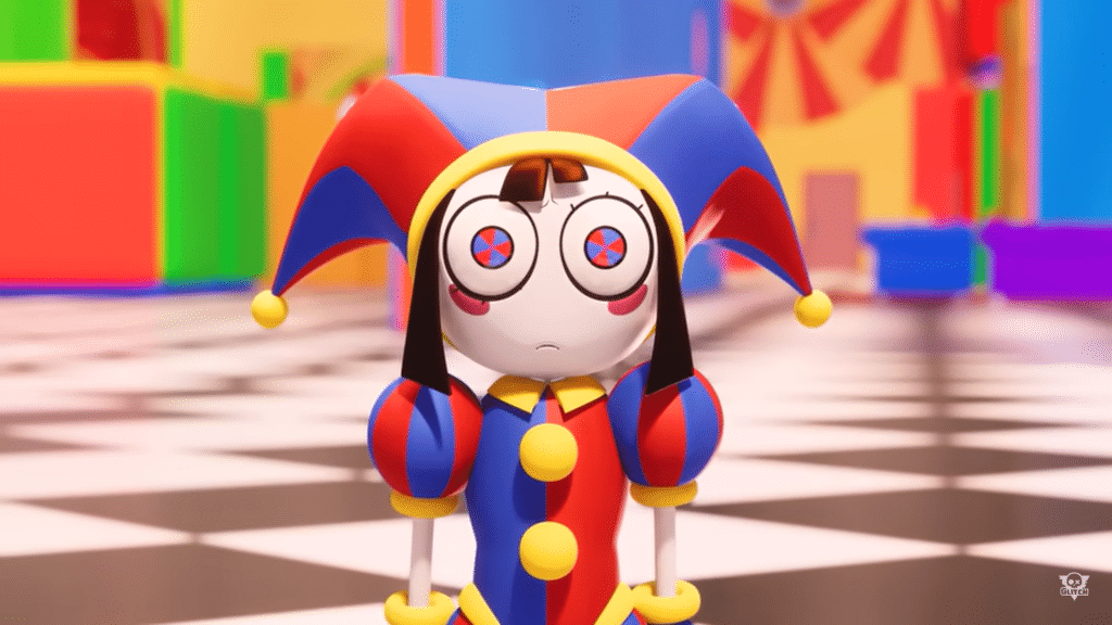 Haltere azul ao lado de um tablet mostrando a cena final de The Amazing Digital Circus