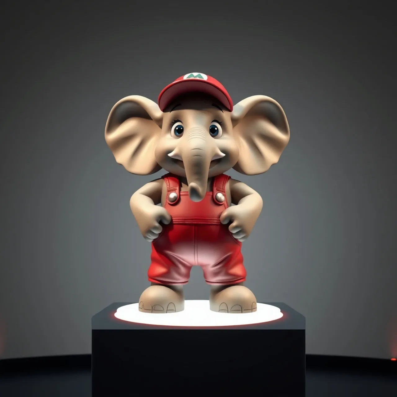 Estátua Elephant Mario em pé sobre prateleira, ao lado de um haltere e garrafa d'água, destacando tema fitness
