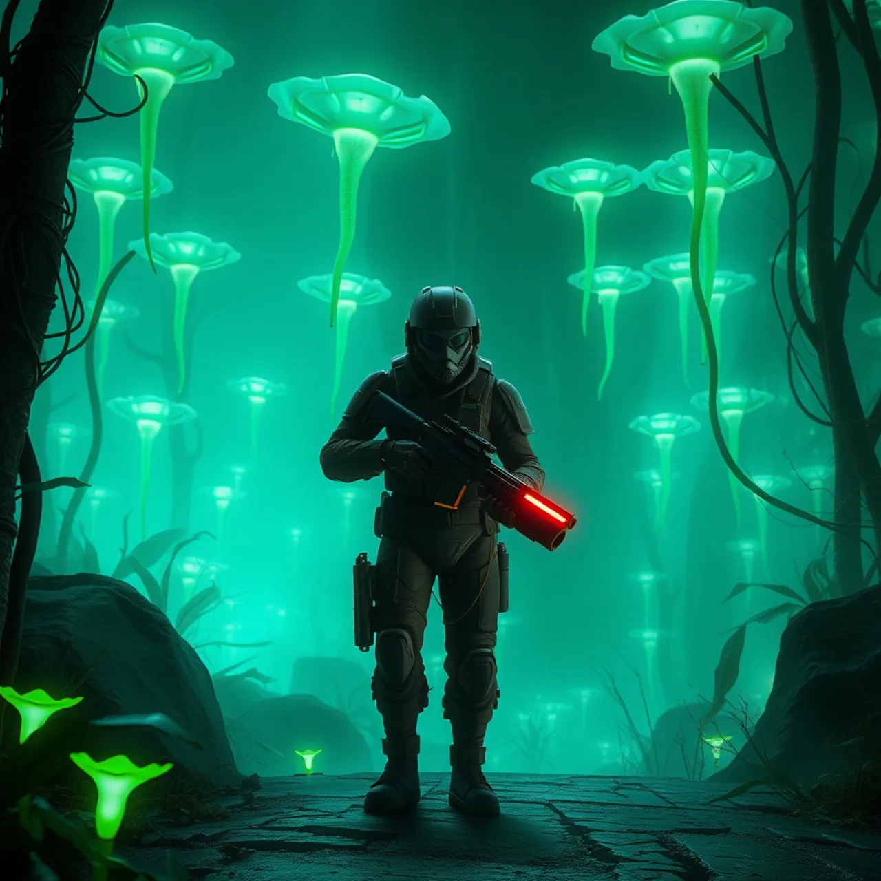 Jovem usando headset, fazendo agachamento com controle de PS na mão, fundo com poster de Pandora