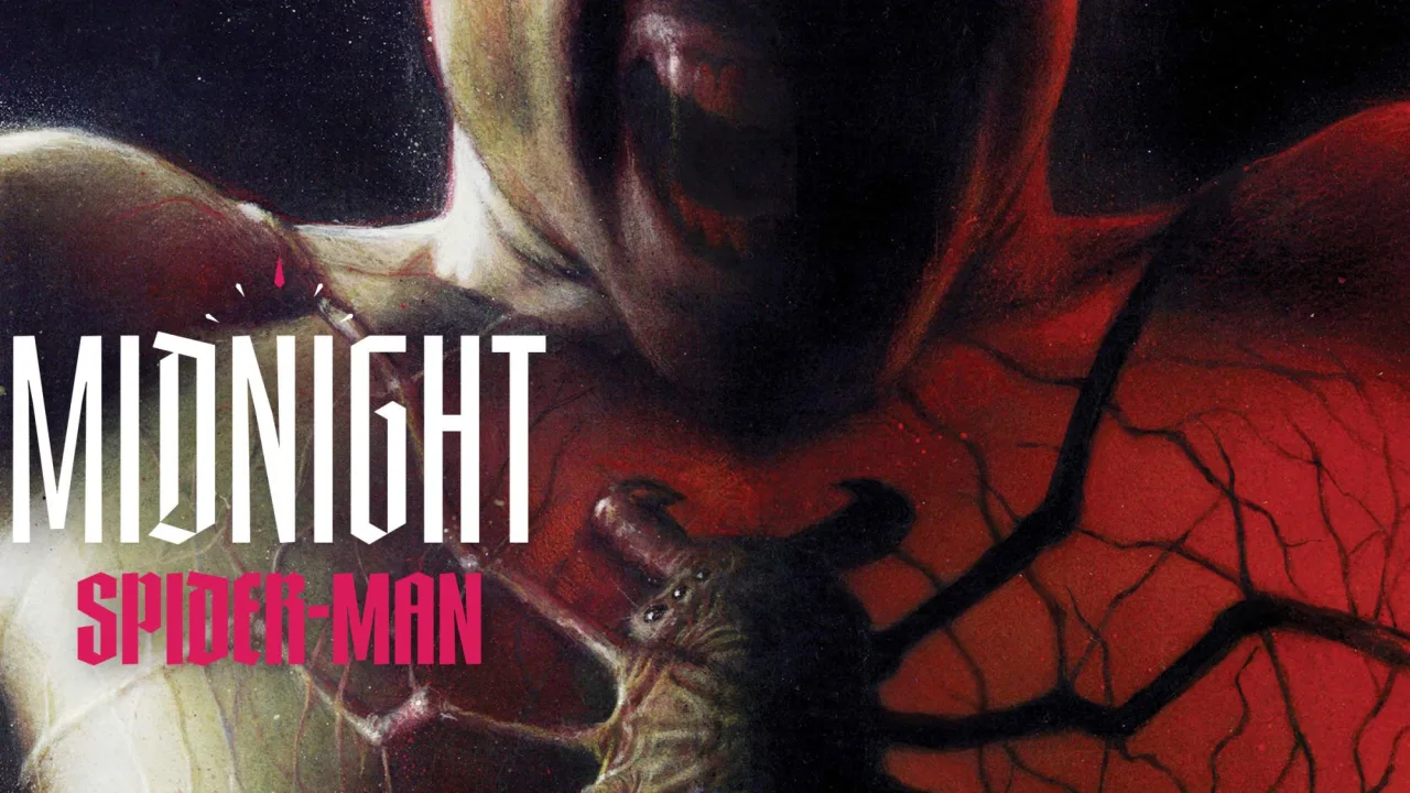 Jovem fazendo flexão, vestindo camiseta do Homem-Aranha, com a capa do novo Midnight Spider‑Man aberta ao lado