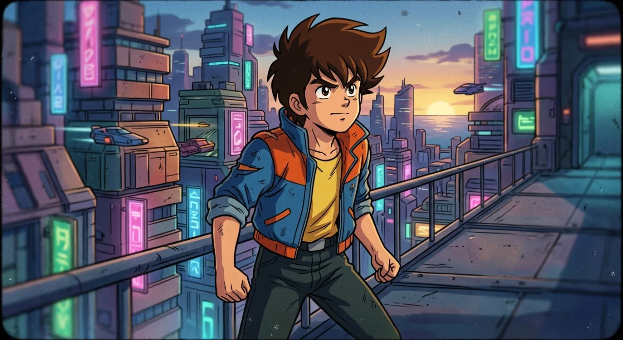 Jovem praticando artes marciais intensas em um dojo iluminado, evocando a energia e o treinamento de um anime clássico