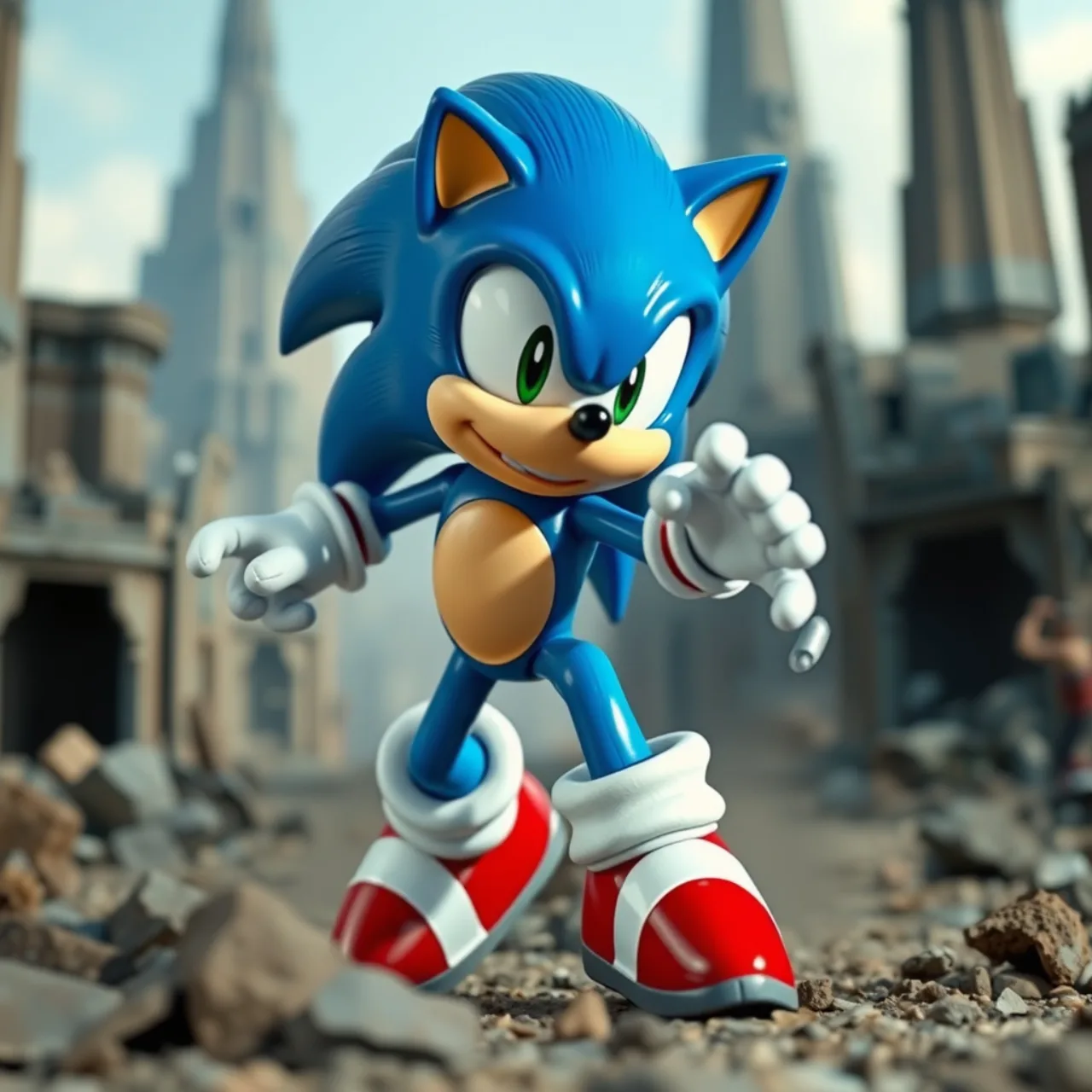 Atleta em traje esportivo segurando a estátua de Sonic Super Sonic ao lado de halteres