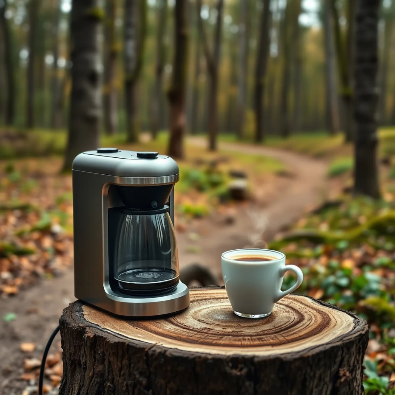 Mochila aberta mostrando um aeropress, caneca de espresso e grãos torrados ao lado de uma trilha verde