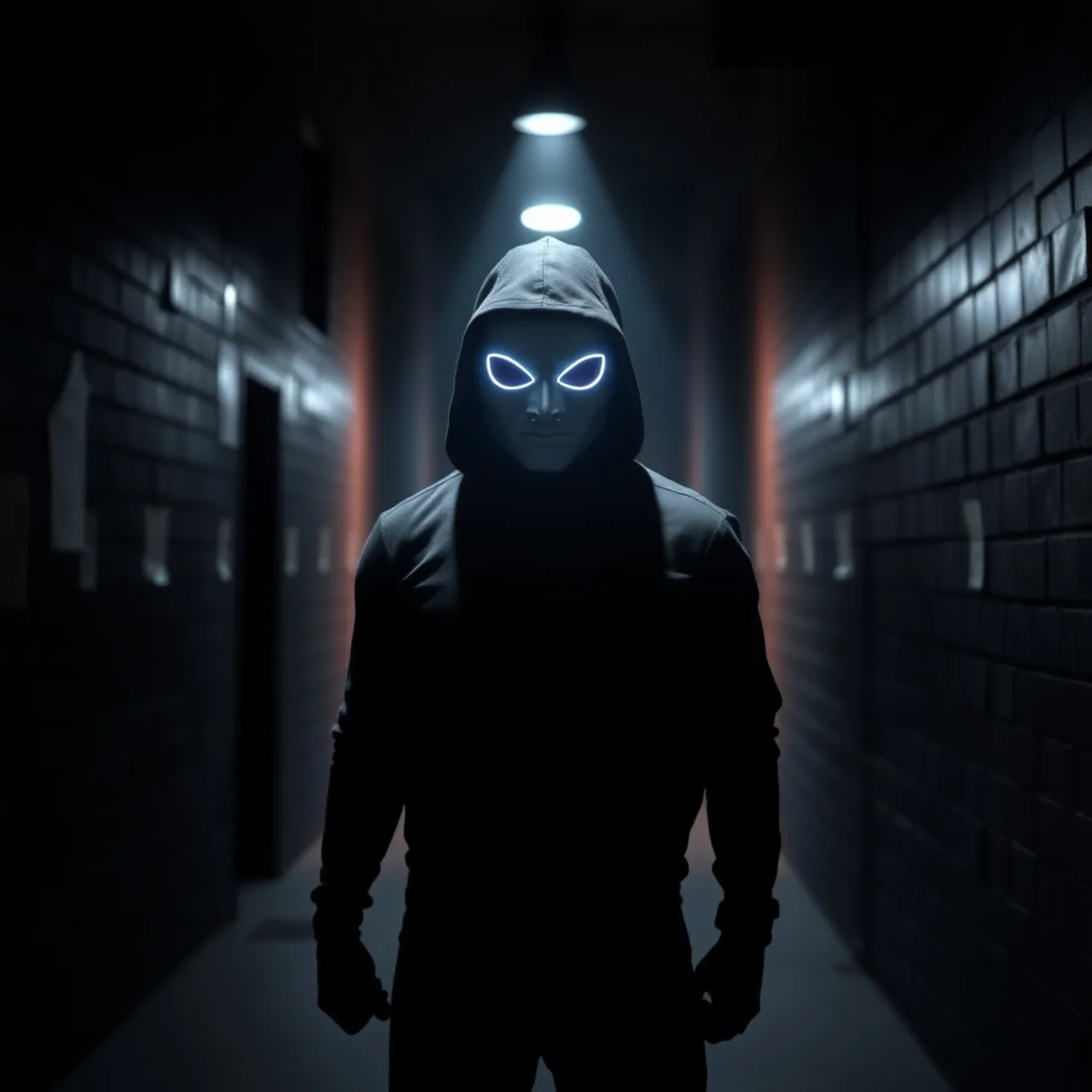Homem musculoso vestindo capa e máscara do Batman, levantando halteres em academia iluminada, com sombras de morcego projetadas