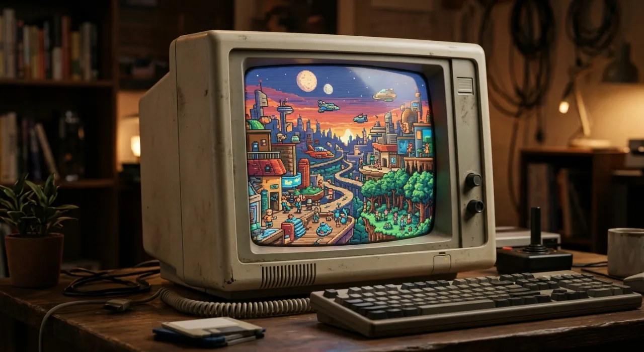 Pixel art de 32 cores mostra o Amiga 1200 ao lado do logotipo da Retro Games Limited, em estilo retro