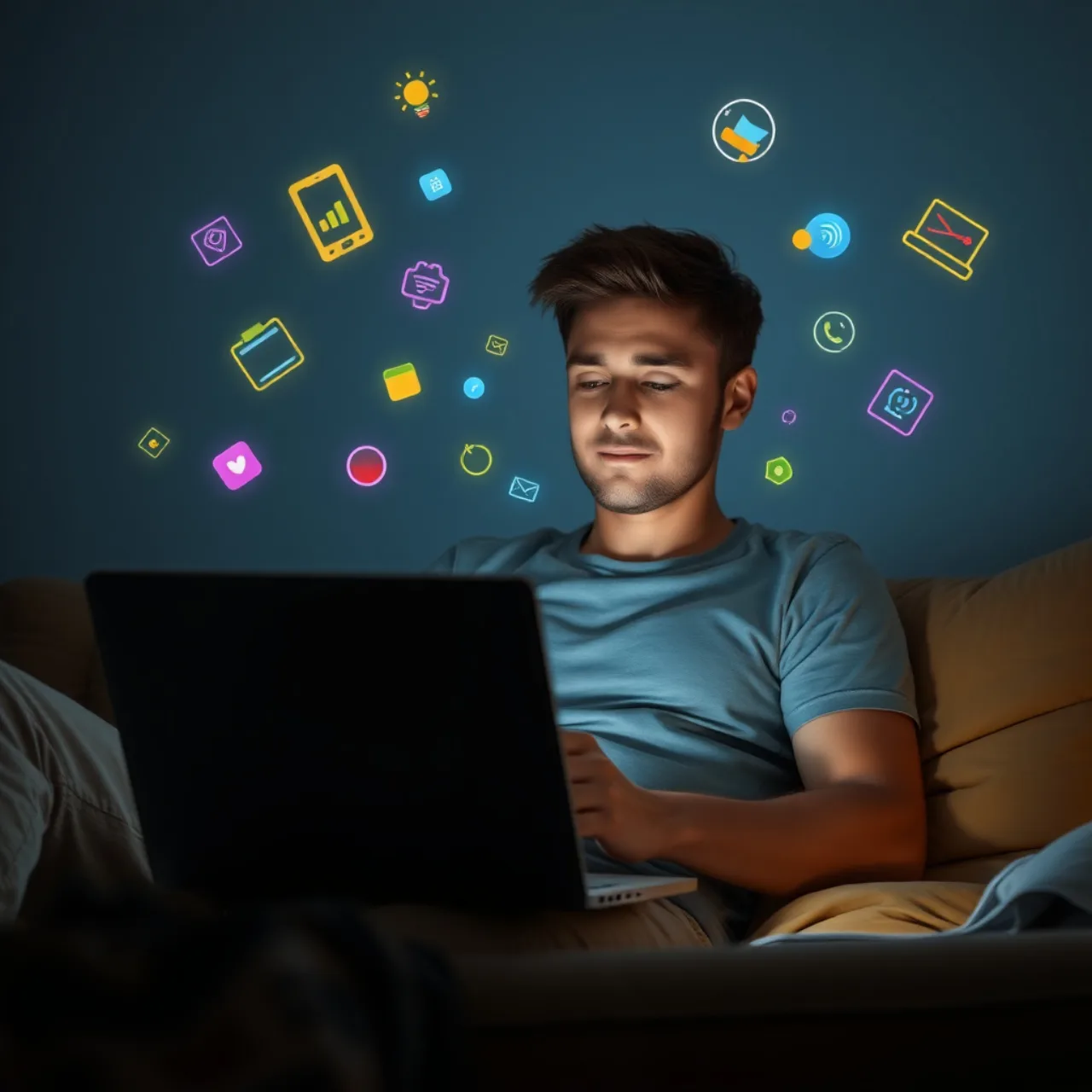 Jovem sentado no sofá, laptop aberto, garrafa de água e halteres ao lado, sorrindo relaxado