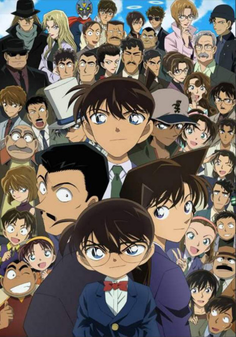 Conan e uma Precure praticando ioga com tapetes e garrafas de água próximos a um cenário de investigação