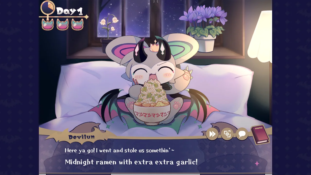 Devilun comendo uma tigela de lámen na cama em Devil Connection