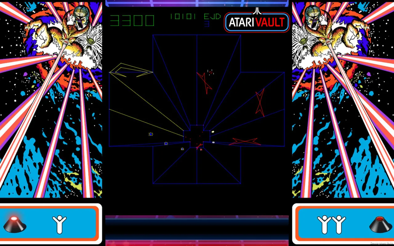 Jovem em roupa de treino, segurando controle Atari, faz agachamento ao lado de um arcade retro iluminado