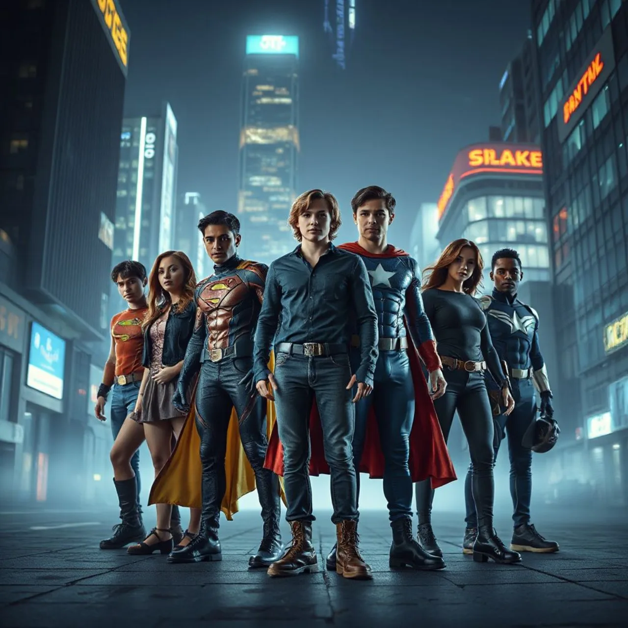 Os New Mutants — Cannonball, Mirage, Sunspot e Wolfsbane — em pose heroica ao lado do logo da Marvel
