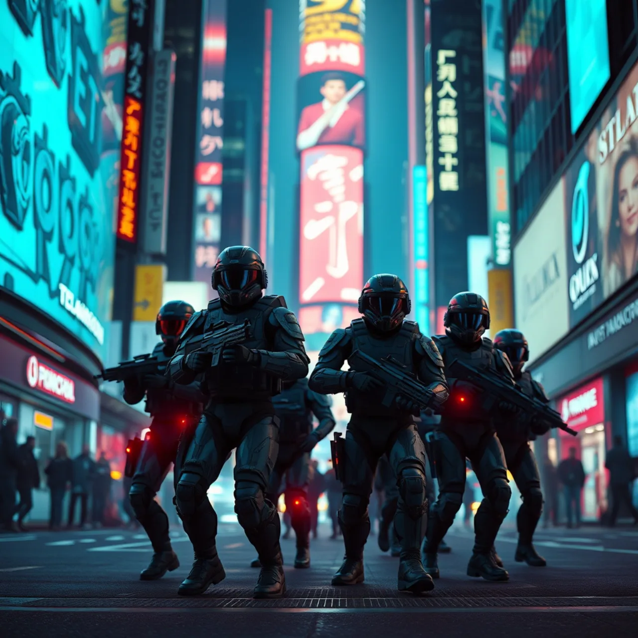 Jogadora vestindo roupa neon, segurando halteres enquanto olha para tela com luzes de Night City ao fundo