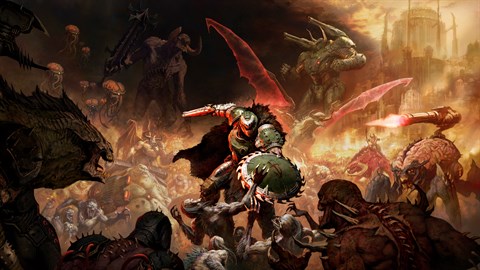 Gamer atlético com halteres e garrafa de água, jogando DOOM: The Dark Ages em um monitor de alta performance