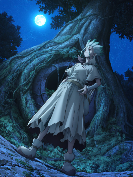 Jovem em roupa esportiva faz agachamento segurando um volume aberto de Dr. Stone